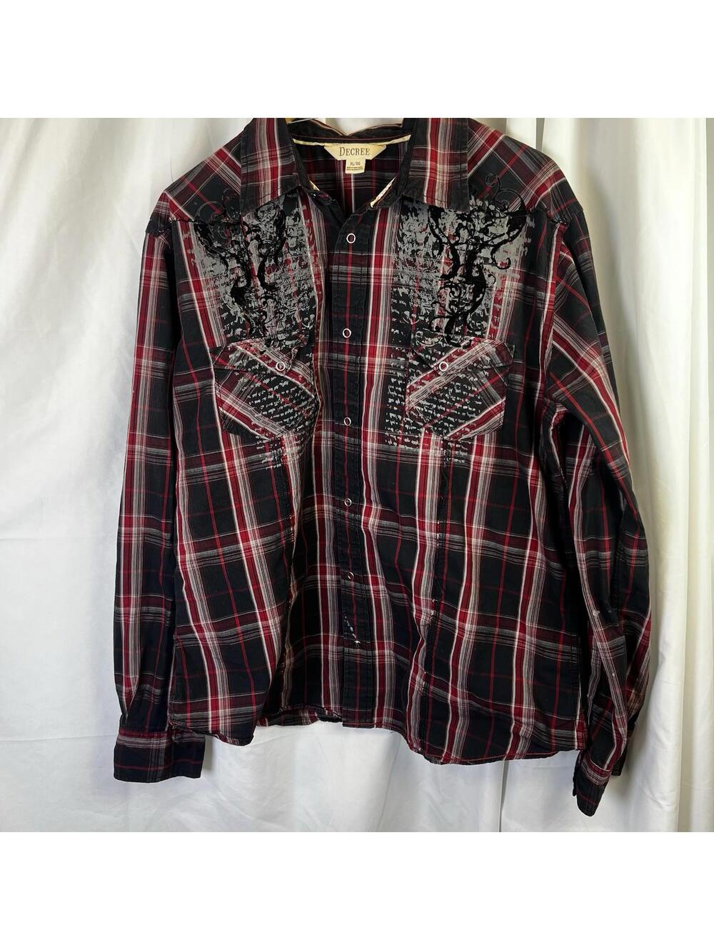 Decree Shirt Adult XL Black & Red Plaid Snap Button Up Western Mens READ